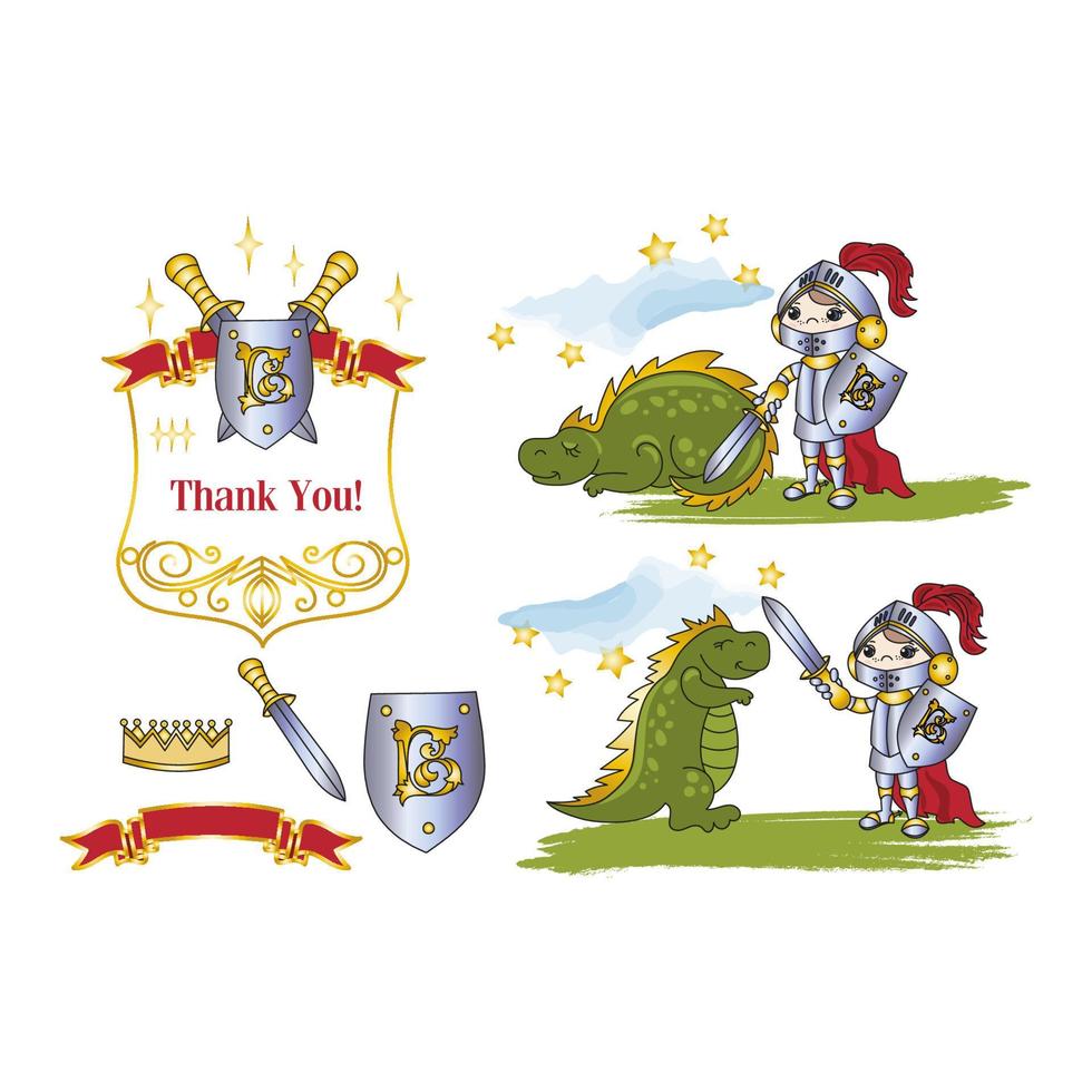 LITTLE KING AND DRAGON Cartoon Vector Illustration Set