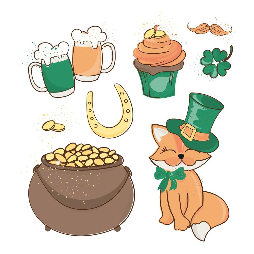 FOX TREASURE Saint Patrick Day Cartoon Vector Illustration Set