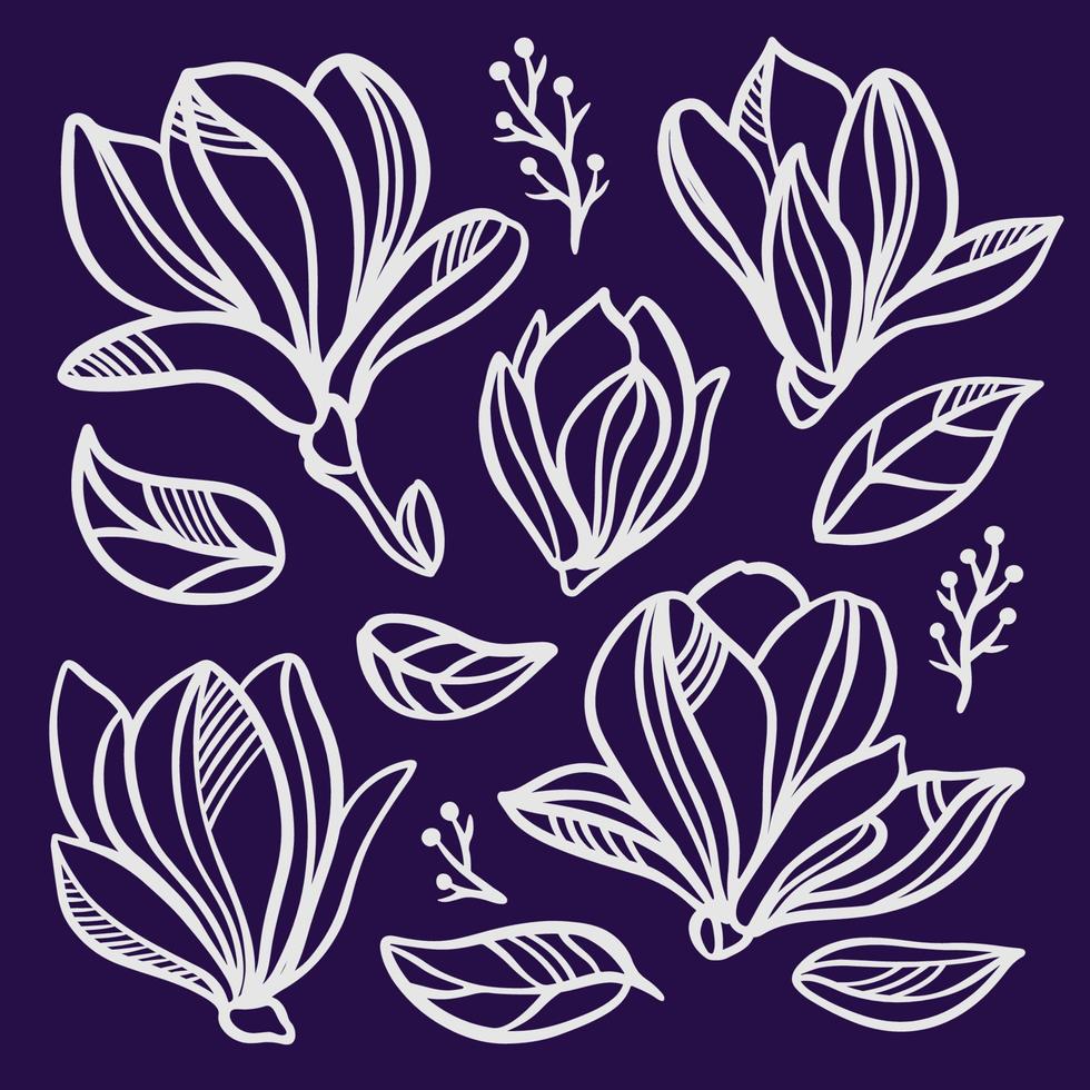 MAGNOLIA SET Flower Openworks Clipart Vector Illustration