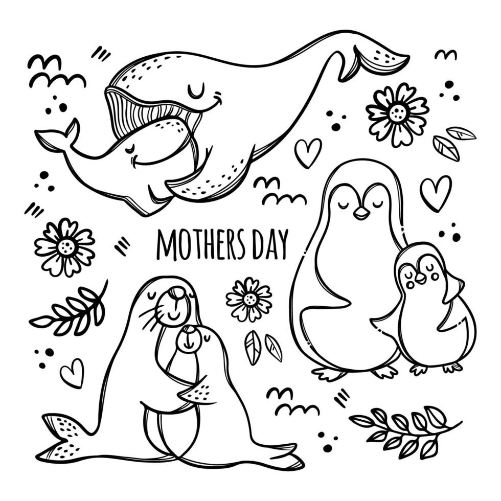 MOTHERS DAY PARTY Monochrome Cartoon Vector Illustration Set