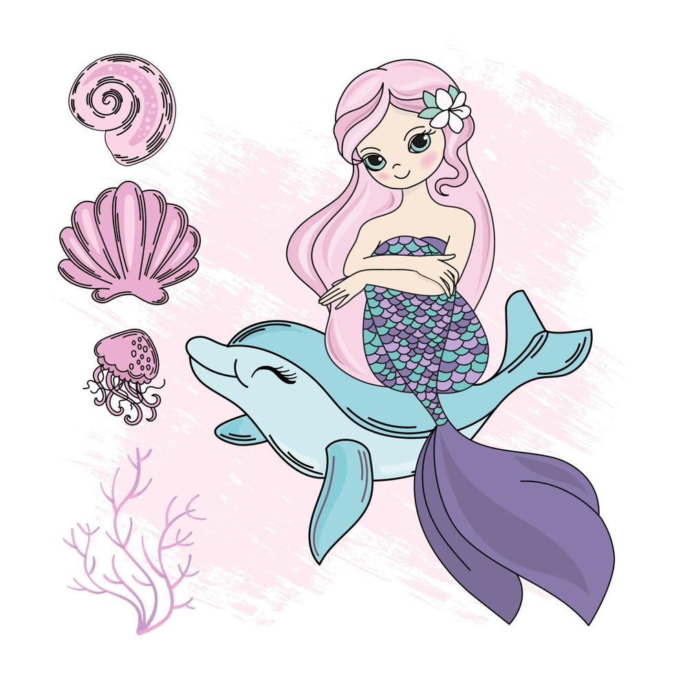 MERMAID DOLPHIN Cartoon Travel Tropical Vector Illustration Set