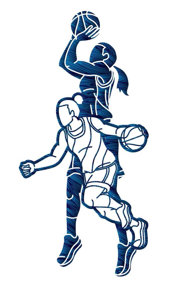 Group of Basketball Female Players Action Cartoon Sport Graphic Vector