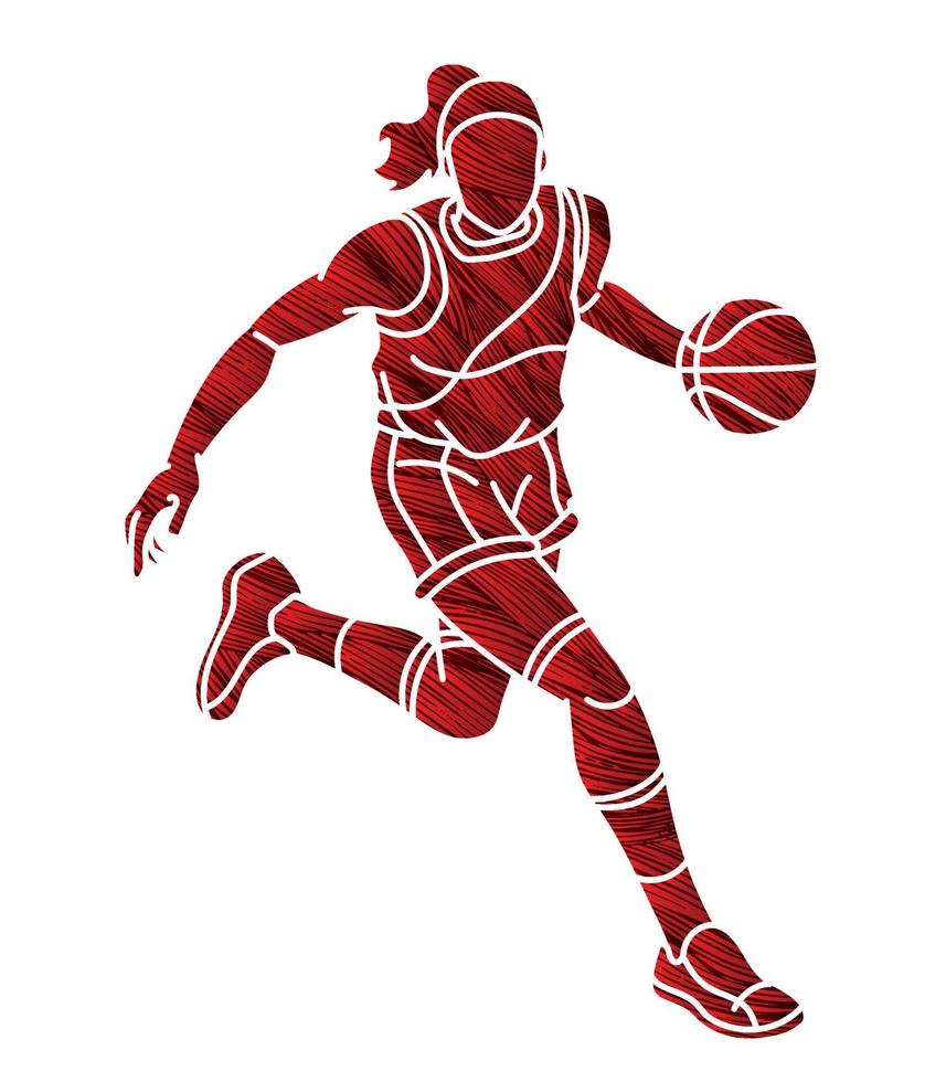 silueta baloncesto acción hembra jugador dibujos animados deporte gráfico vector
