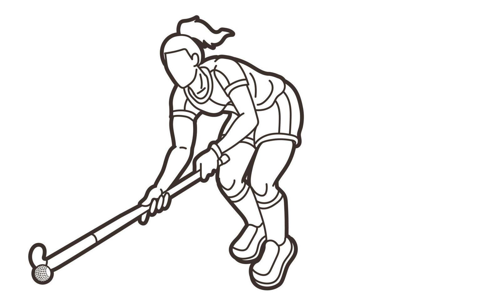 hockey sobre césped deporte hembra jugador acción dibujos animados gráfico vector