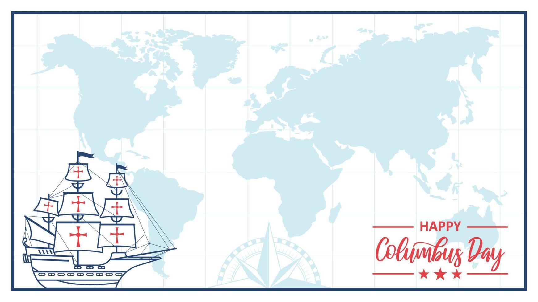 happy columbus day greeting card background banner with copy text space area wallpaper world map background commpas and ship vector