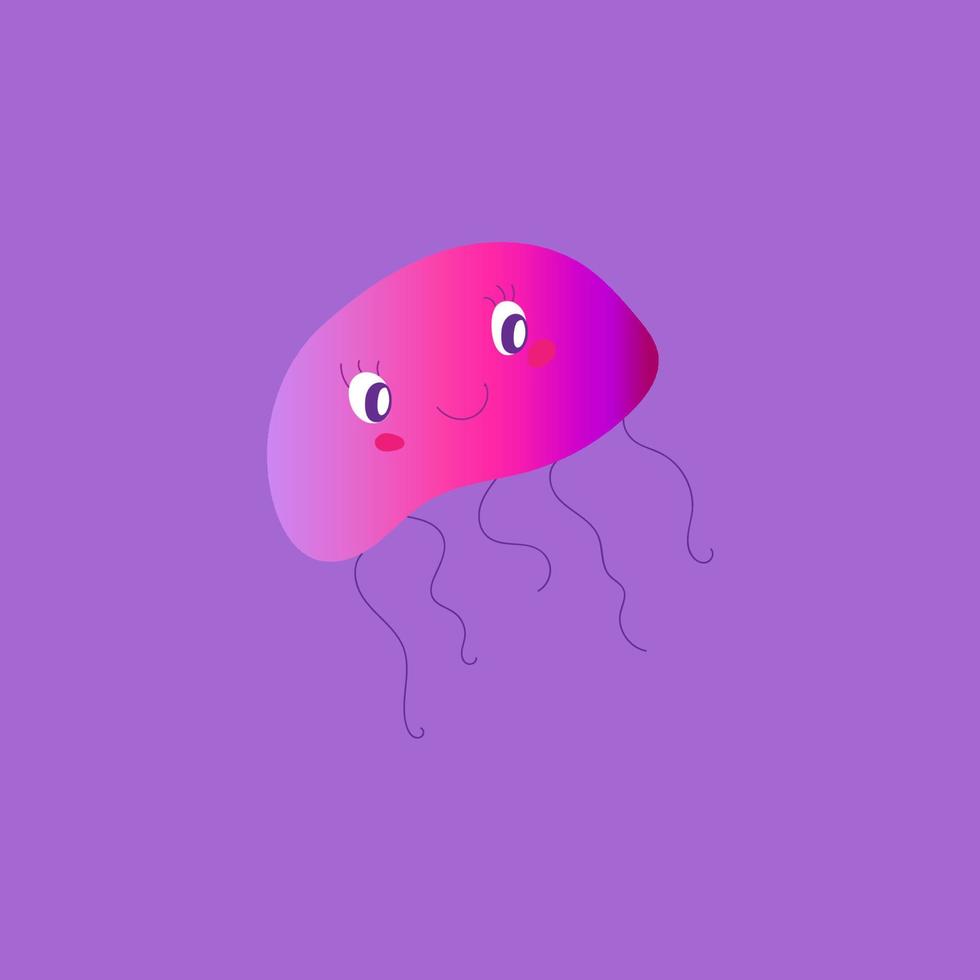 Happy smiling cartoon sea or ocean jellyfish with cute face. Cute happy jellyfish with big eyes in kawaii style flat vector illustration isolated on white background.