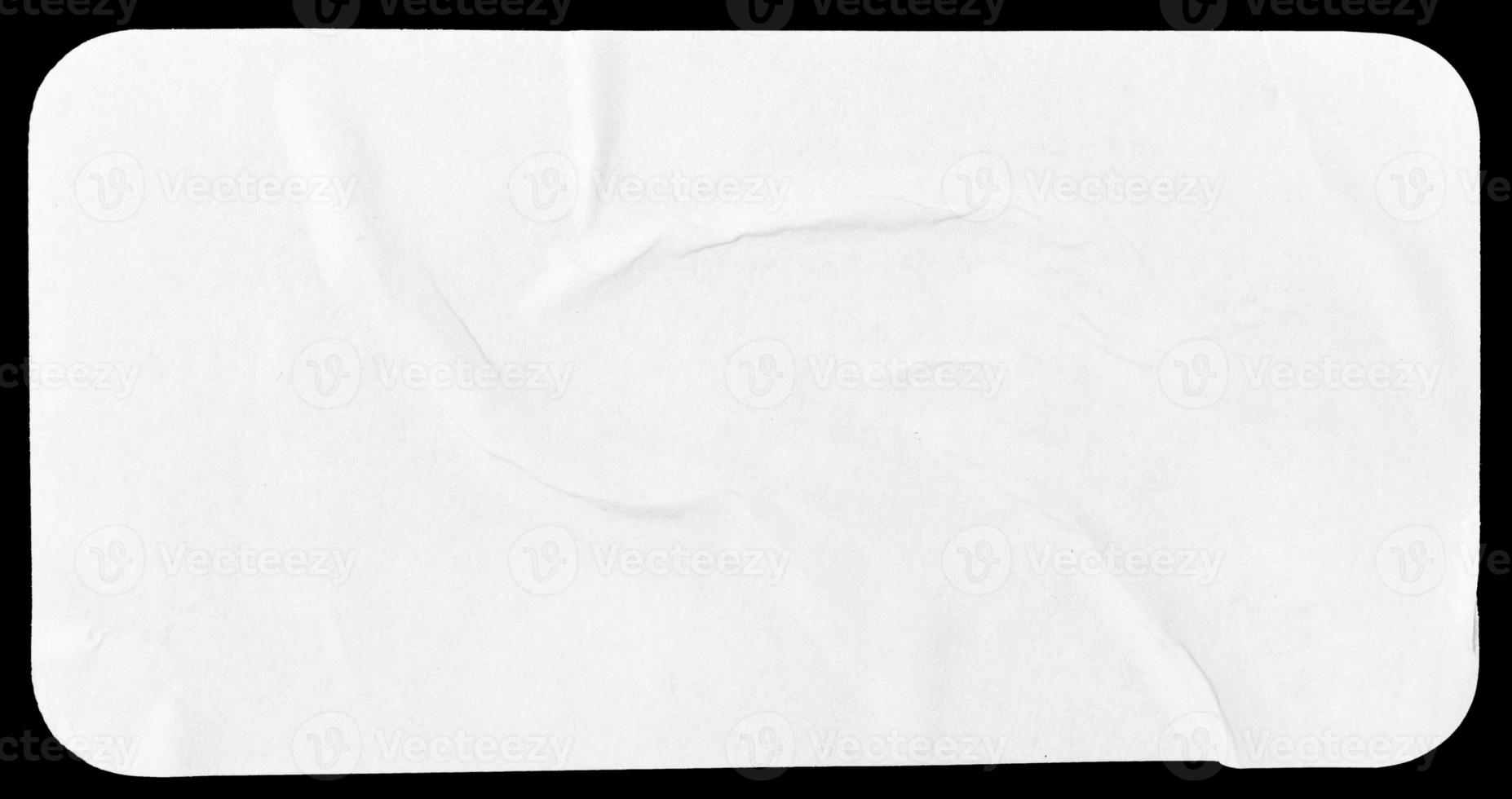 Crumpled paper sheet isolated on black background. Rectangle shape with rounded edges. Template mockup photo
