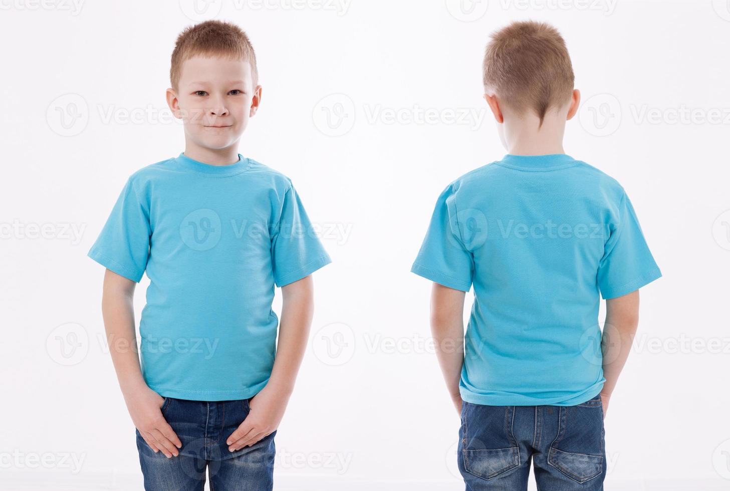 Shirt design and people concept - close up of young man in blank blue tshirt front and rear isolated. Mock up template for design print photo
