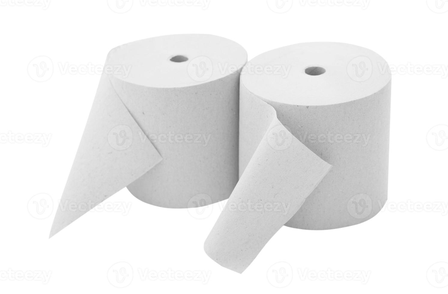 maqueta de rollo de papel aislado sobre fondo blanco. toalla de cocina de embalaje blanco en blanco, rollo de papel higiénico, cinta de caja registradora, rollo de fax térmico. plantilla de rollo de papel foto