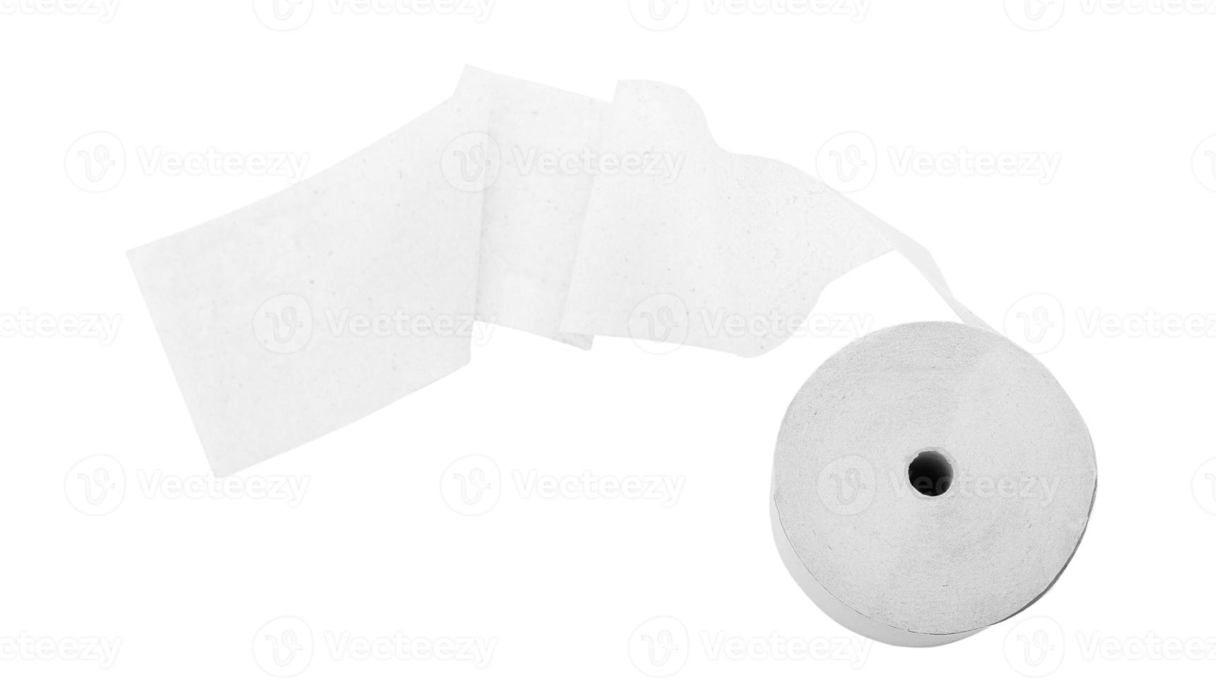 Paper roll mock up isolated on white background. Blank white packaging kitchen towel, toilet paper roll, cash register tape, thermal fax roll. Paper roll template. Top view. photo