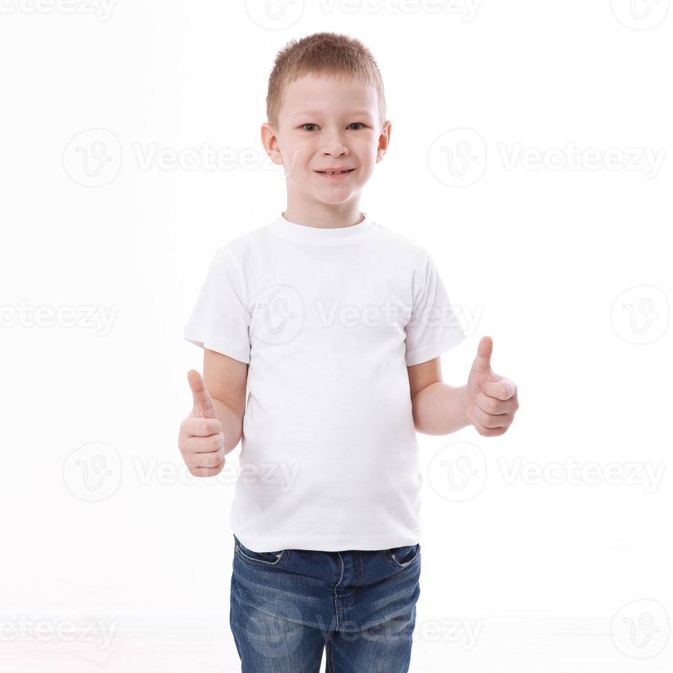 t-shirt design and people concept - close up of young man in blank white t-shirt, shirt front and rear isolated. photo