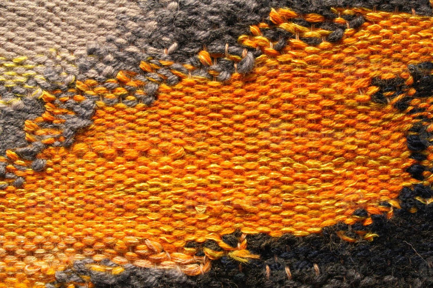 Woven colored wool fabric texture. Hand knitted textile canvas background. Patchwork carpet backdrop. Factory material threads. Abstract design. Close-up, mockup, top view photo
