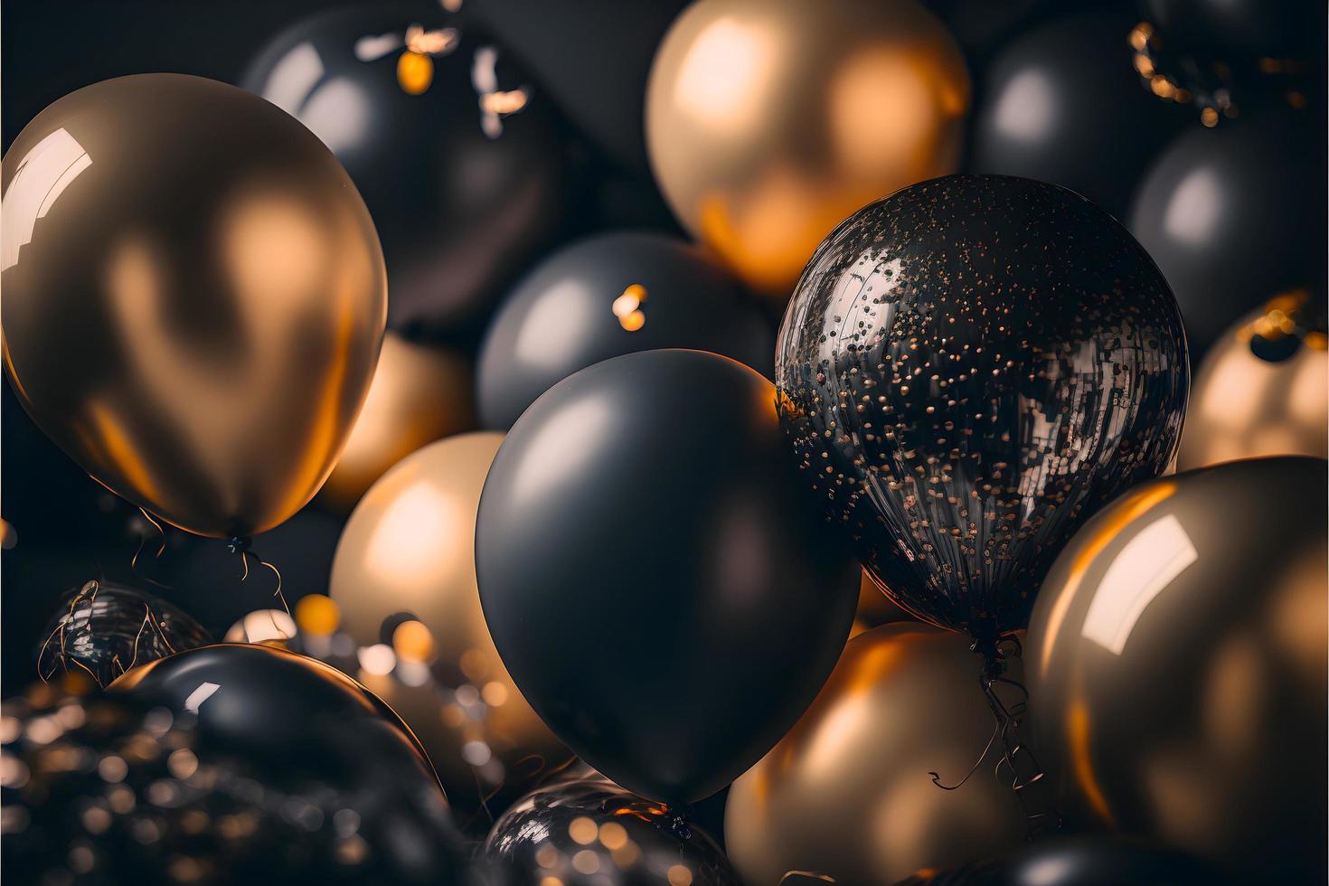 black and golden balloons background. Background design with realistic golden and black balloon with depth of feild. photo