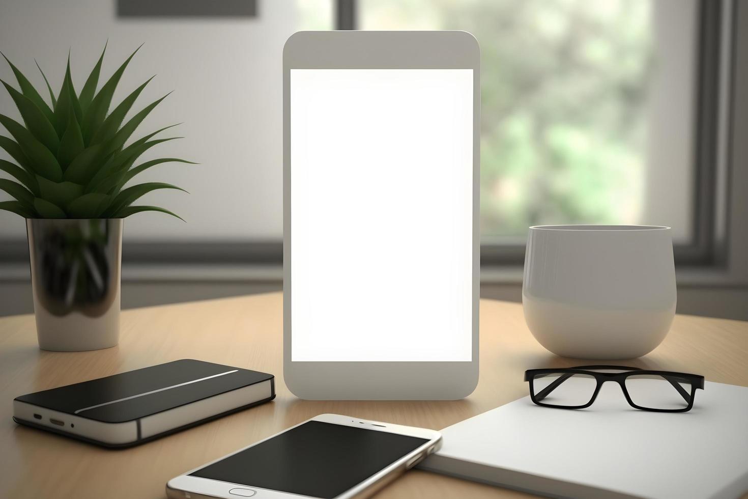 Blank white mobile screen mockup at study table, table desk mobile display for advertisement space. Free Photo