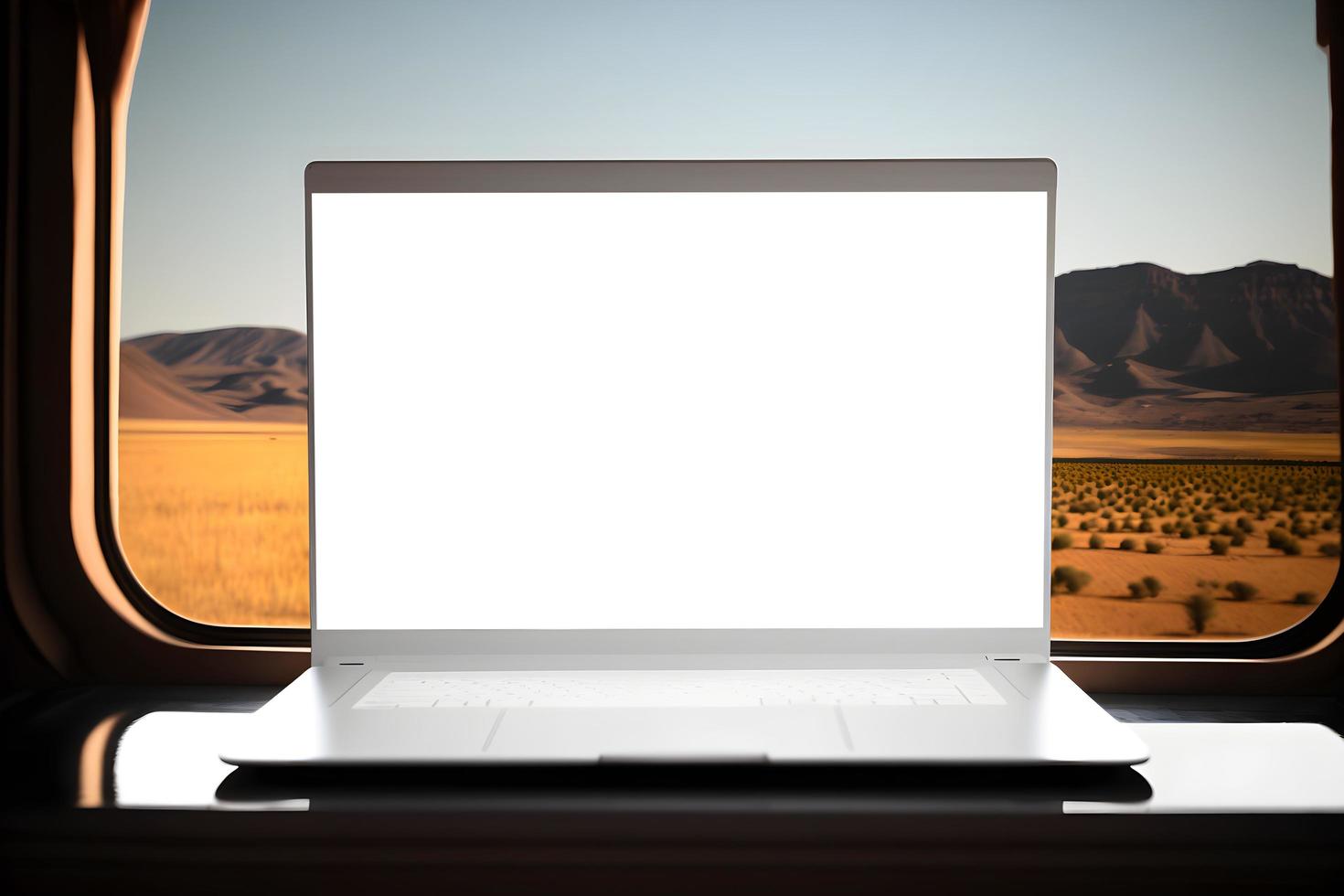 Empty laptop screen mockup in train cabin, Ad Space in White Laptop Screen Mockup laptop Screen, Posters Space in Laptop, Empty Screen for Advertisement in laptop. Free Photo