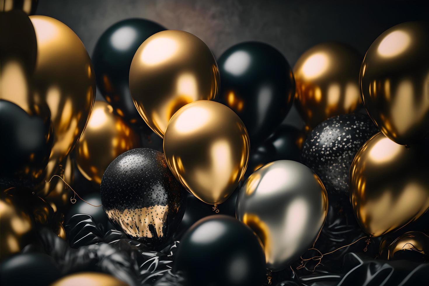 Close up shiny golden and black balloons for birthday celebration, event celebration background, Free Photo