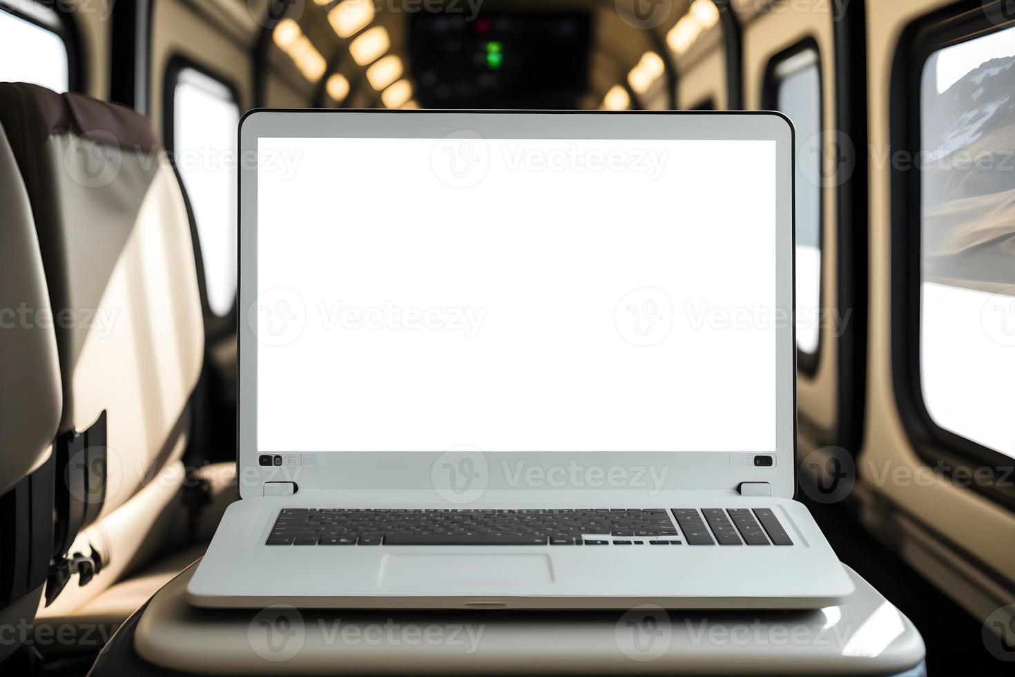 Empty laptop screen mockup in train cabin, Ad Space in White Laptop Screen Mockup, Blank Screen for Posters Space in Laptop, Empty Screen for Advertisement or Marketing Banner Space in laptop. photo