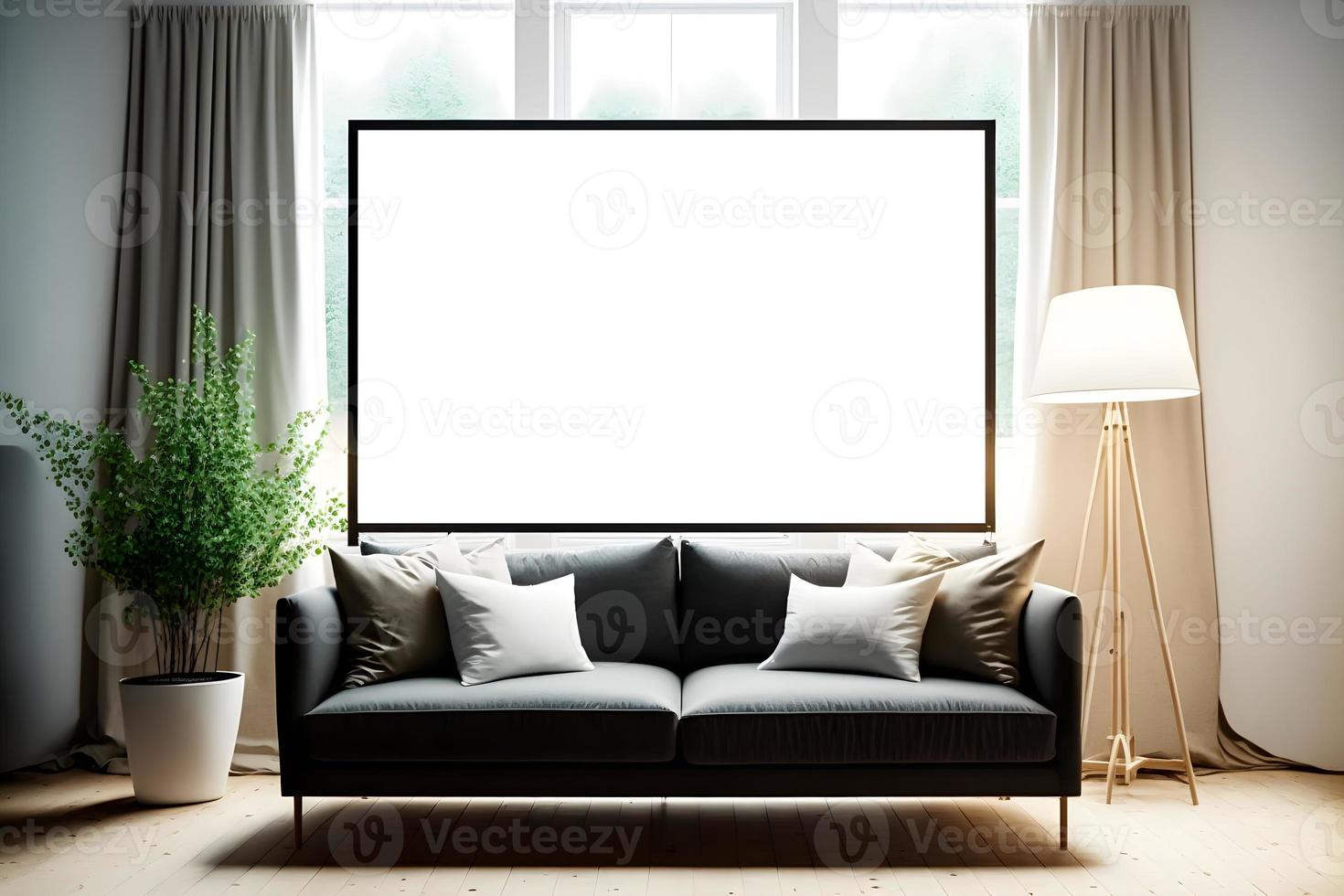 front view of a big screen mockup, modern interior with furniture, black sofas and pillows photo