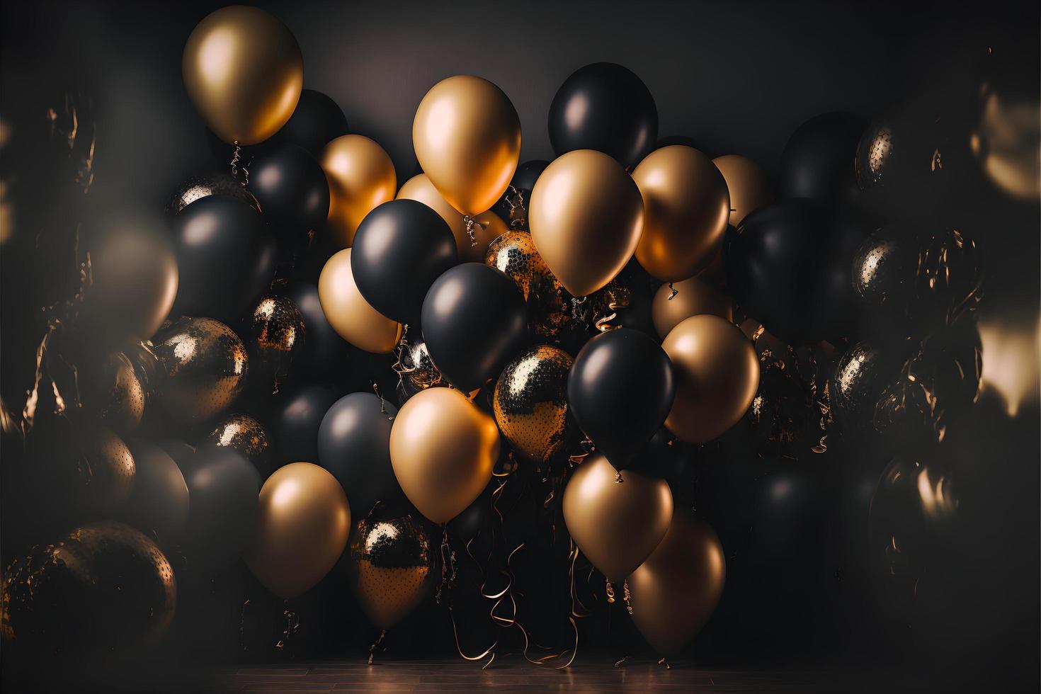 Room full of black and golden balloons, 3D gold and black balloon background for greeting or celebration, Romantic room interior with full of balloons photo