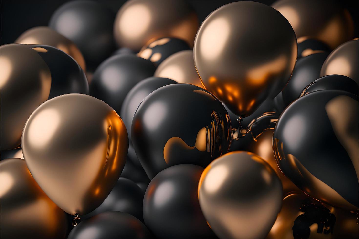 Festive background with golden and black shiny balloons, 3D gold and black balloon background for greeting or celebration photo