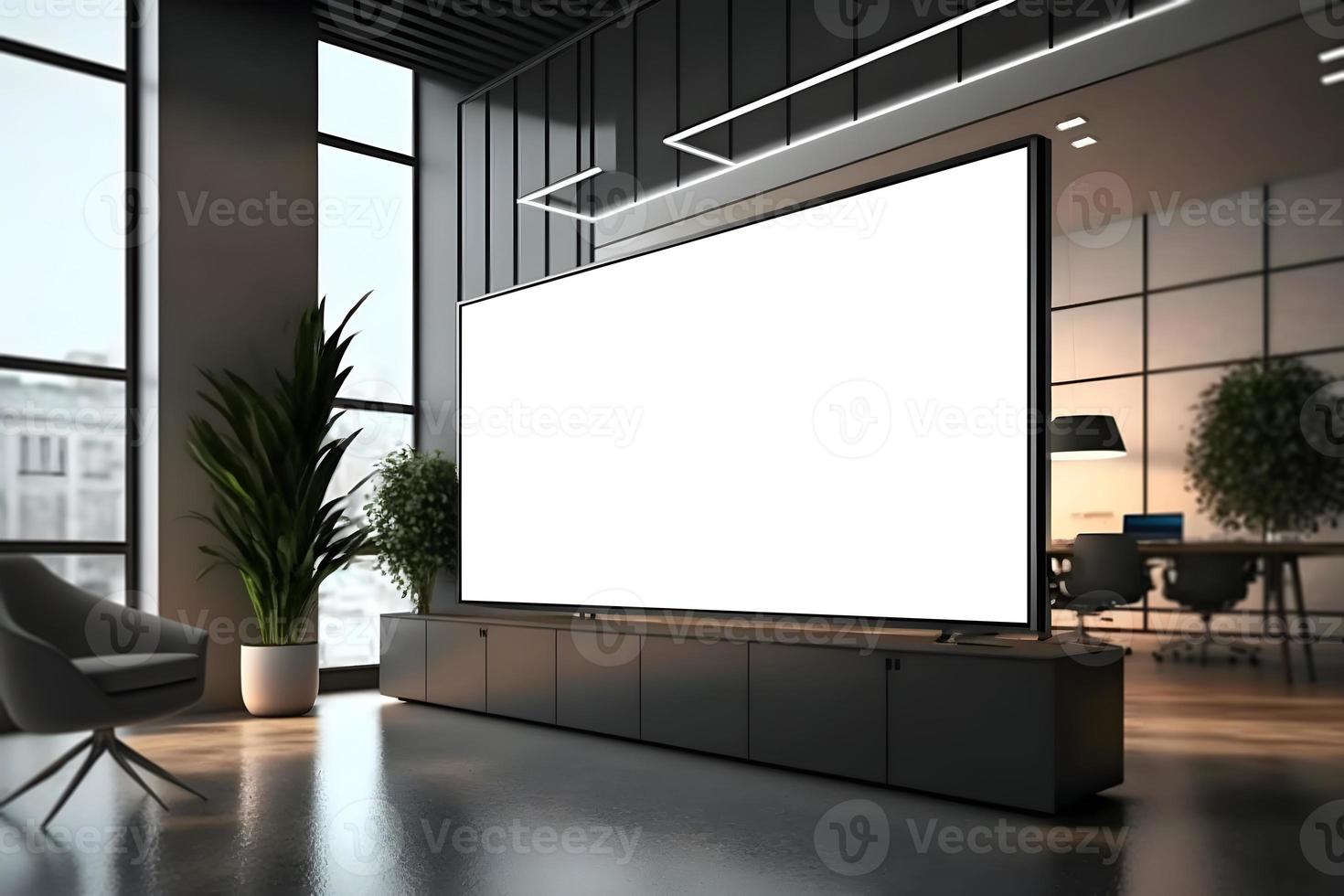 Realistic 3d side view of presentation screen in modern office environment, Modern interior with wide LED screen mockup photo