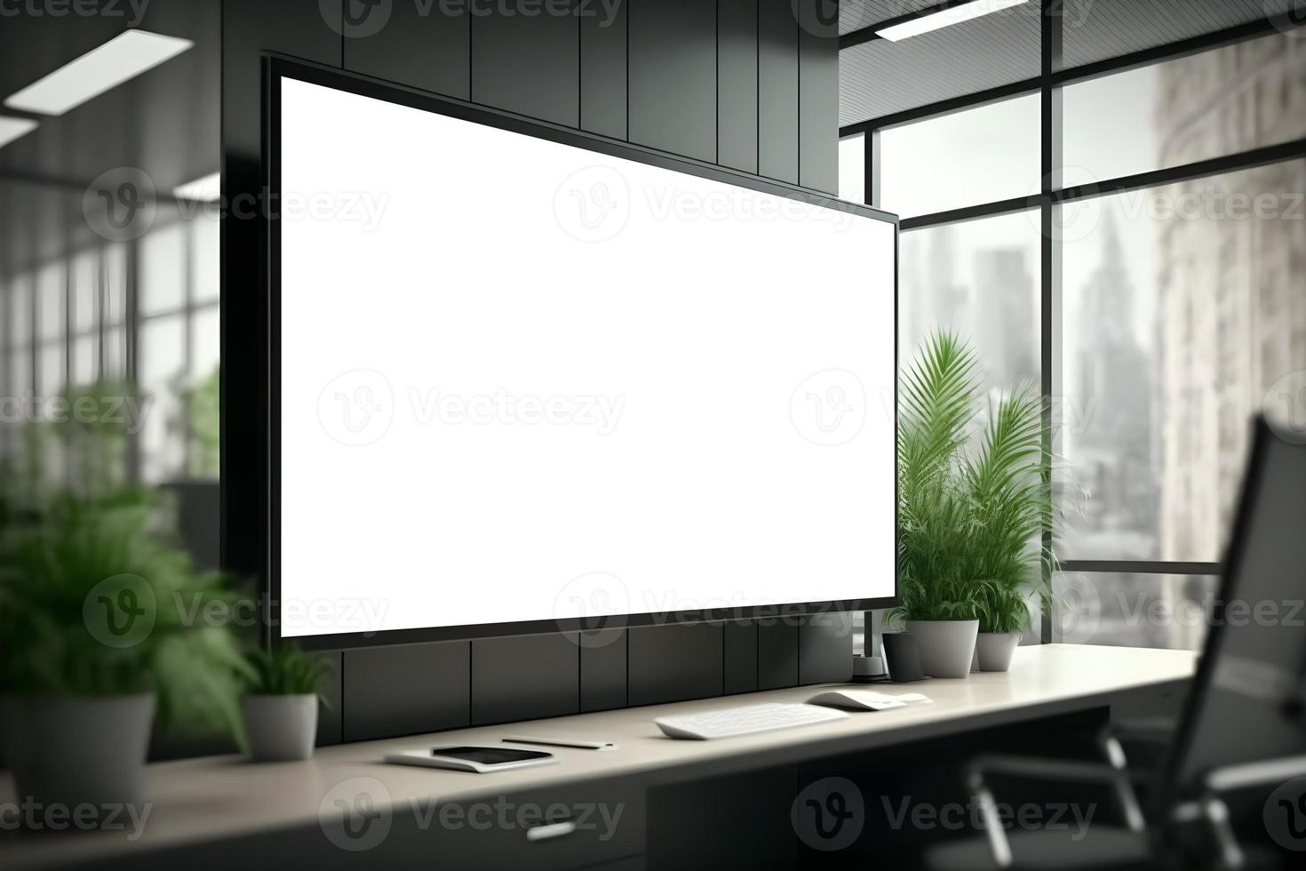 Transparent LCD TV Screen Mockup in office with indoor plants, white LED screen inside office environment photo