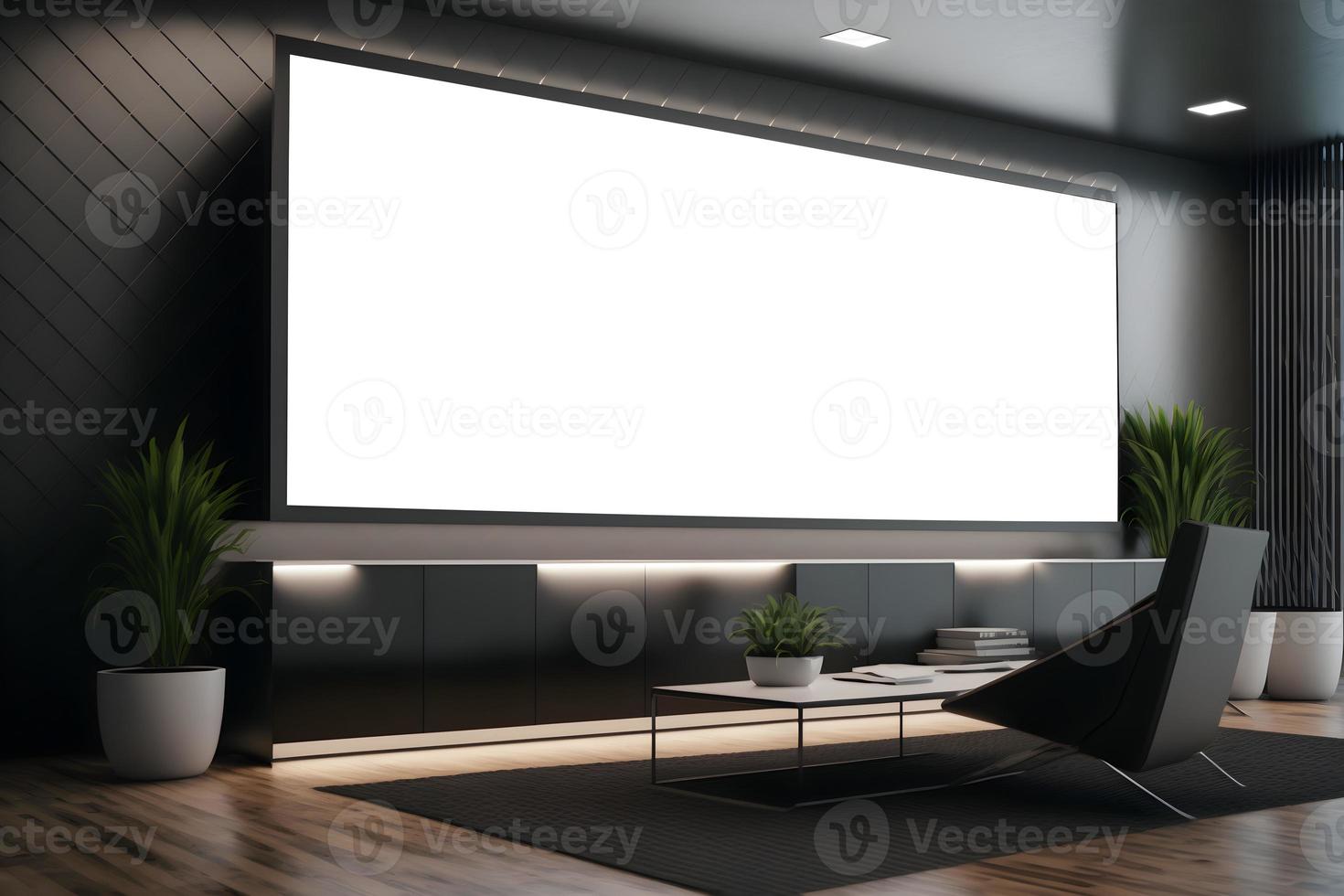 Wide horizontal led screen for presentation in seminar or at conference room, Corporate Identity Display screen in office environment - Empty Stage screen Design Mockup with modern interior photo