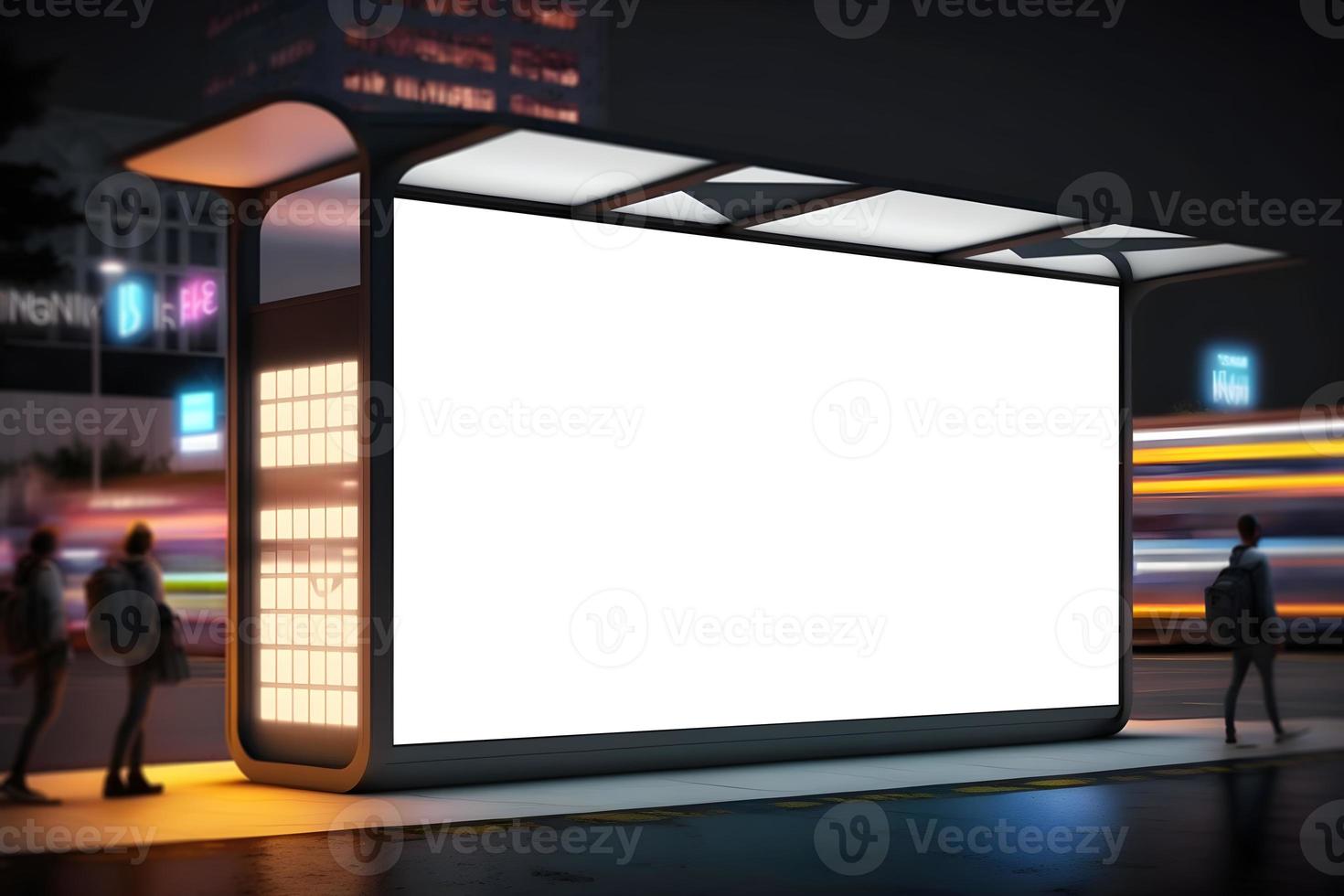 Advertisement billboard on bus stand in city in night, Empty space advertisement board, blank white signboard on roadside in city, waiting spot billboard photo