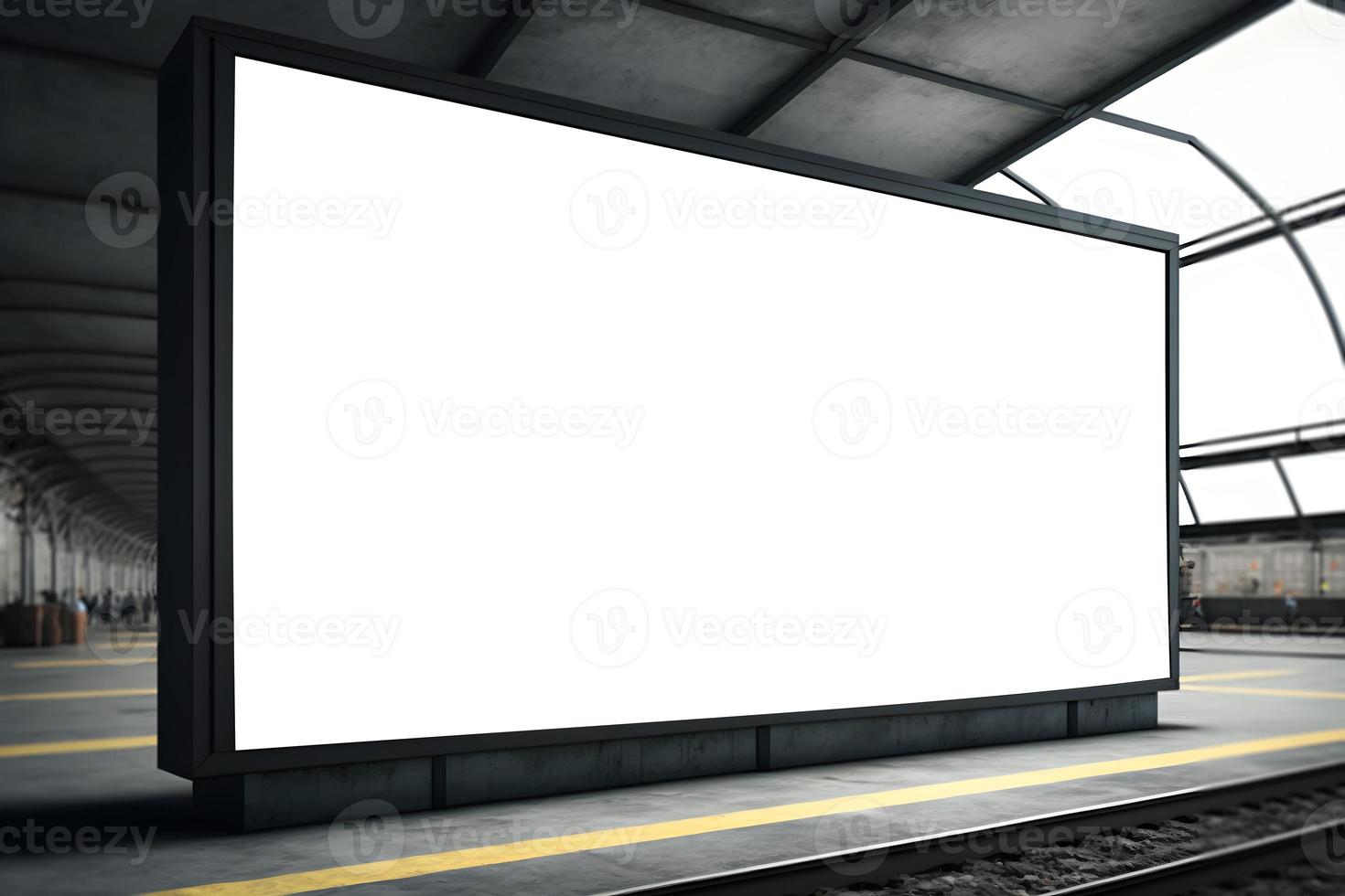 Landscape standing empty space billboard at underground train station, empty space for ad banner, Empty space advertisement board, blank white signboard with train track photo