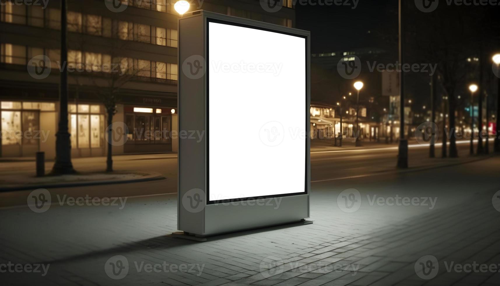 Empty space advertisement board, blank white signboard on roadside in city, Marketing banner space verticle at roadside, verticle signboard at road in night photo