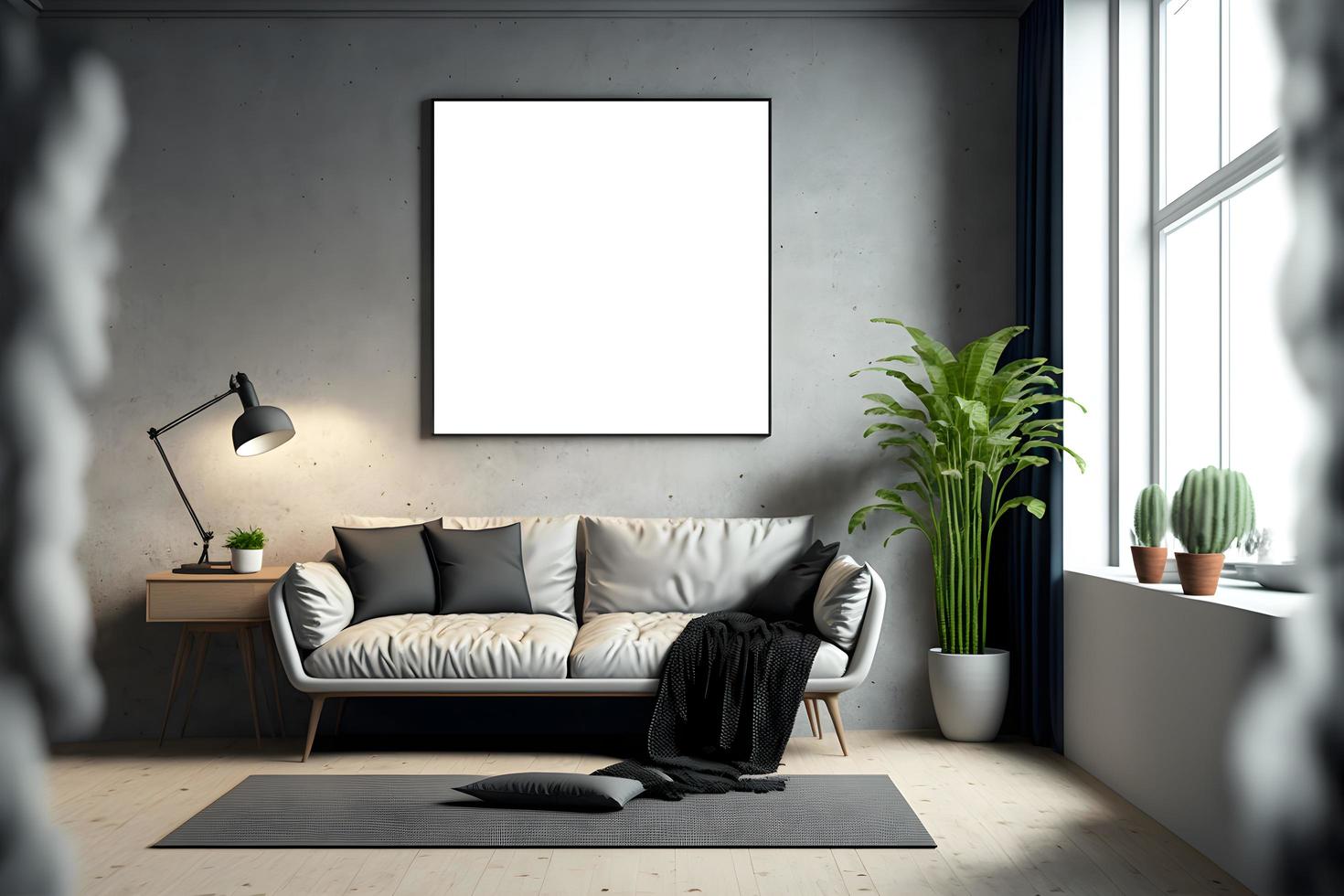 Square empty frame wall art mockup psd with indoor plants and sofa, blank indoor photo frame, Free Photo