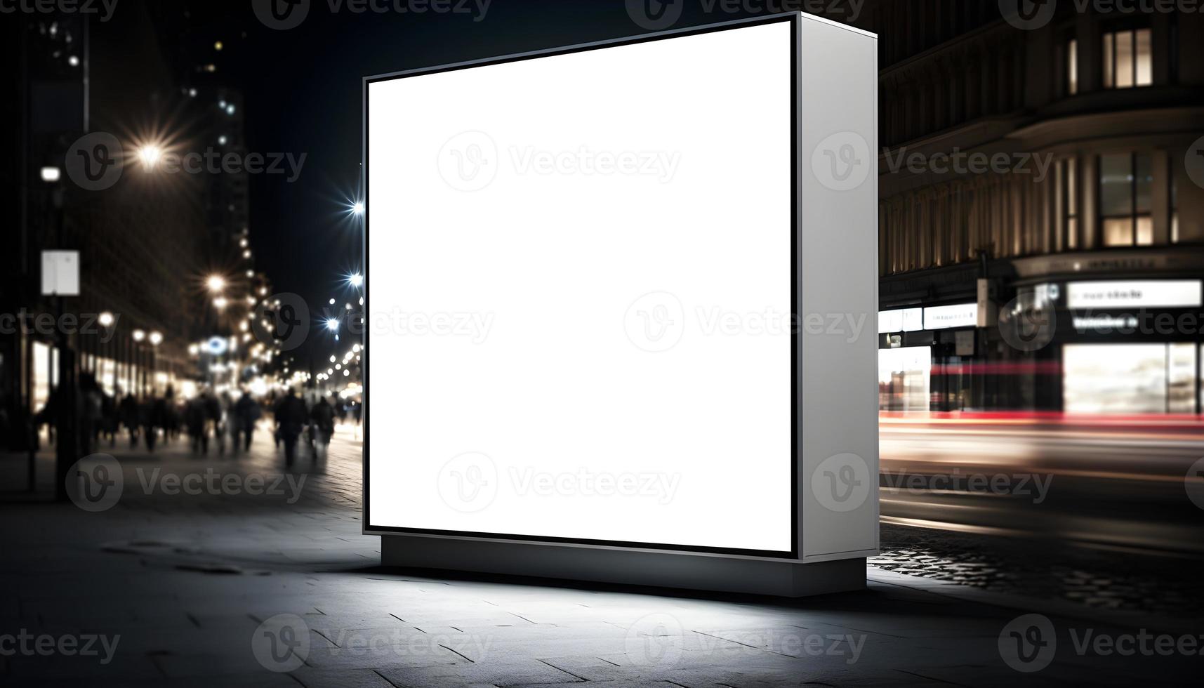 Empty space advertisement board, blank white signboard on roadside in city, Square blank billboard in city in night time photo