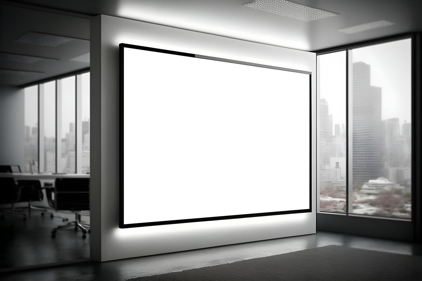 transparente LED pantalla Bosquejo en oficina con pared fondo, LED pantalla mokcup dentro moderno oficina interior, LED pantalla para anuncio espacio. gratis foto