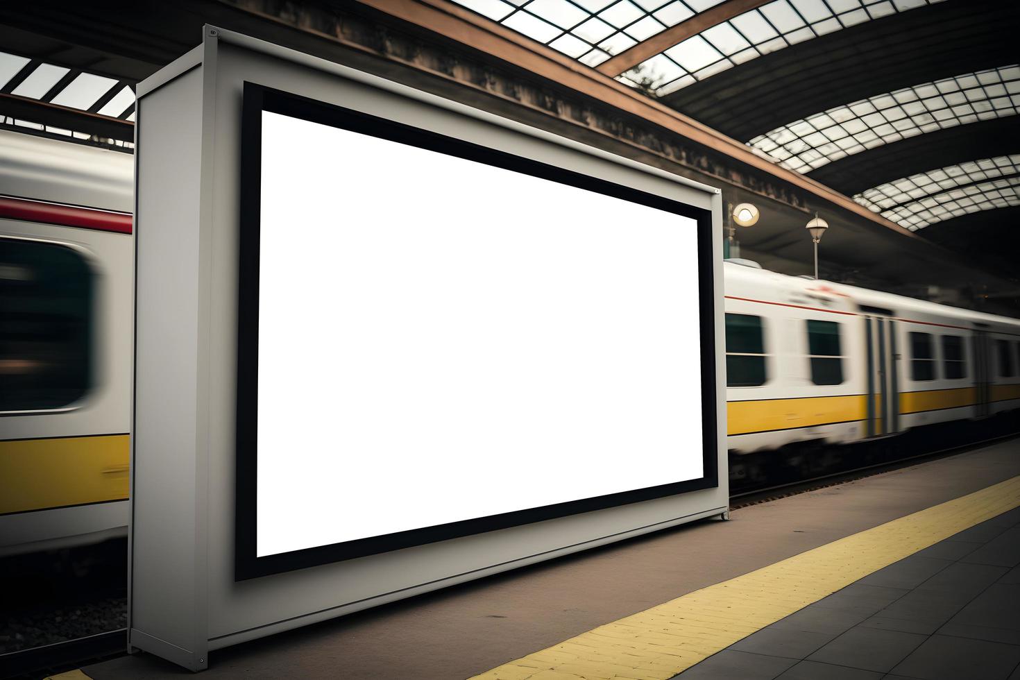 Empty space billboard in side view at underground train station, empty space for ad banner with train moving in background, empty billboard near underground train station photo