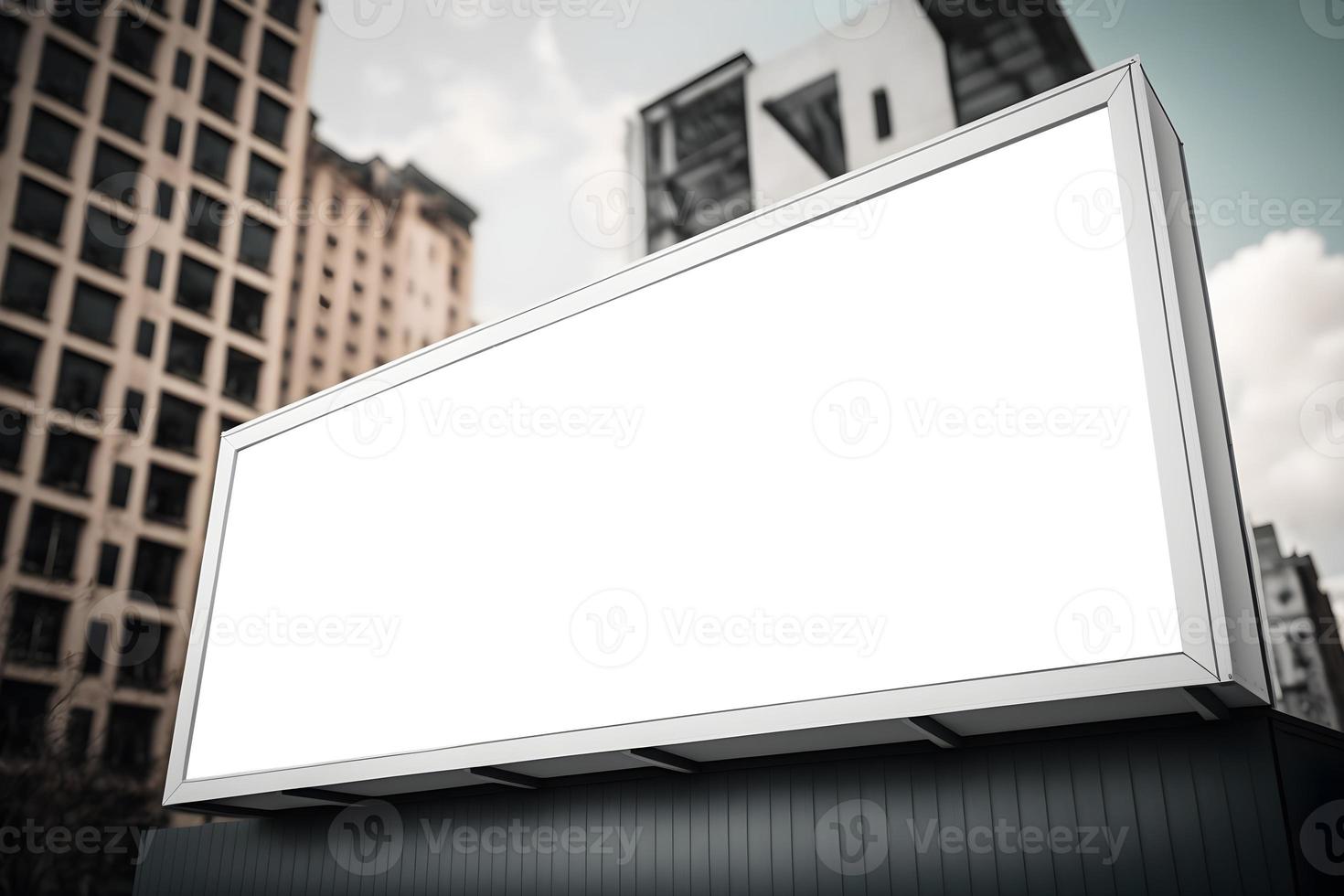 Blank landscape billboard on wall with buildings in background, Empty billboard on building , advertisement space for your marketing or promotion, Outdoor wall billboard in modern city, Pro Photo