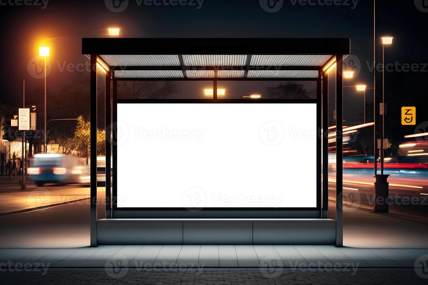 Modern Empty space advertisement board, blank white signboard in city in night, Bus stand empty billboard in night, Marketing banner ad space in city, Advertisement billboard on bus stand in city photo