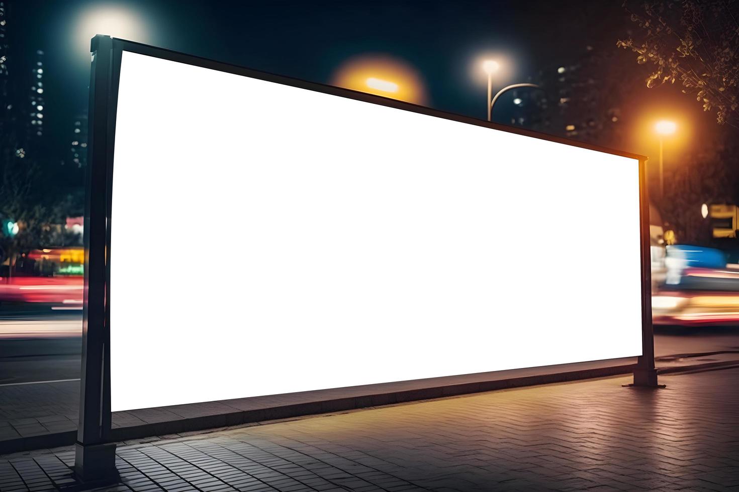 Empty space advertisement board, blank white signboard on roadside in city in night, Advertisement billboard on bus stand in city, advertisement billboard mockup. Free Photo