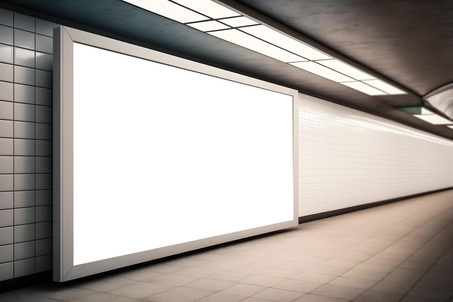 Wide horizontal empty space billboard at wall in underground subway, empty space for ad banner in subway, empty billboard near underground train station, subway billboard mockup, Free Photo