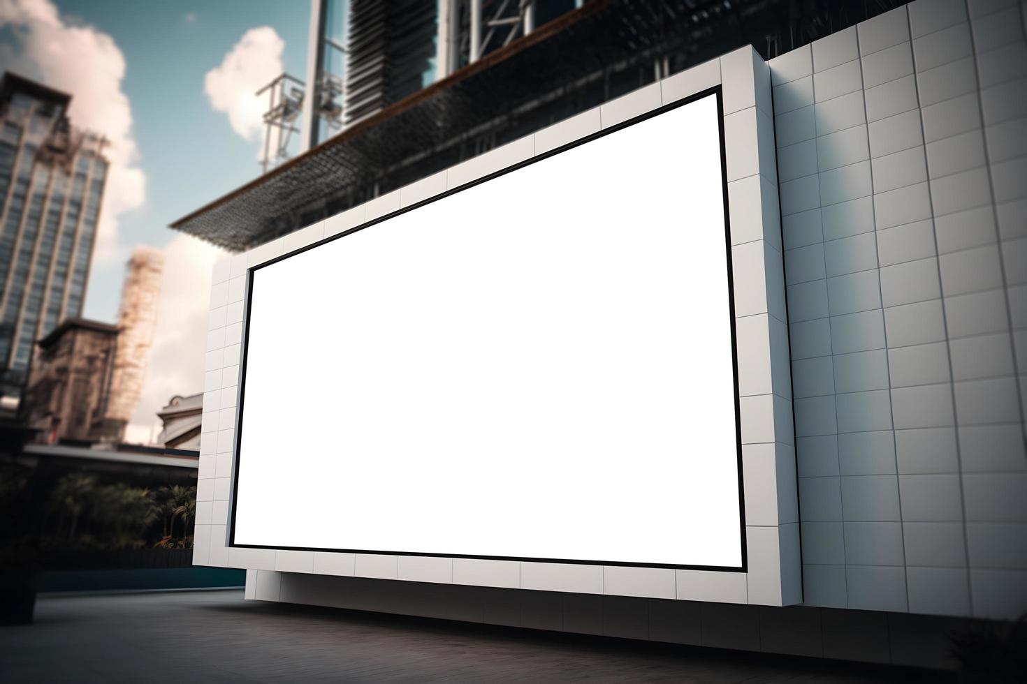 blanco cartelera en pared con edificios en fondo, vacío cartelera en edificio , anuncio espacio para tu márketing o promoción, al aire libre pared cartelera en moderno ciudad foto