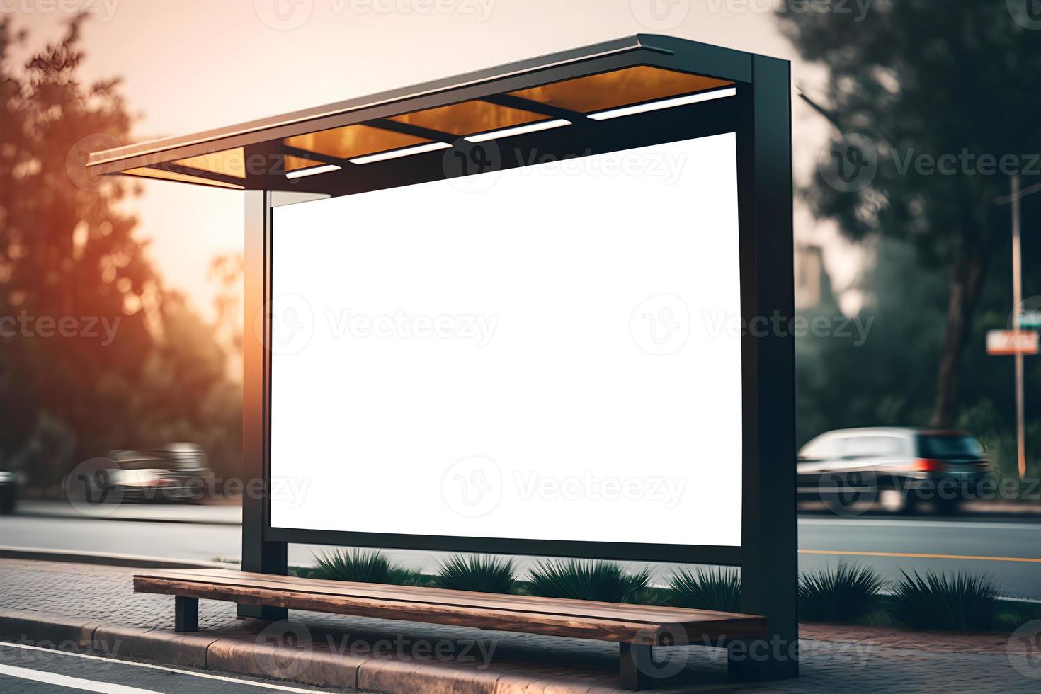 Modern Empty space advertisement board, blank white signboard in city in night, Bus stand empty billboard in sunset, Marketing banner ad space in city, Advertisement billboard on bus stop in city photo