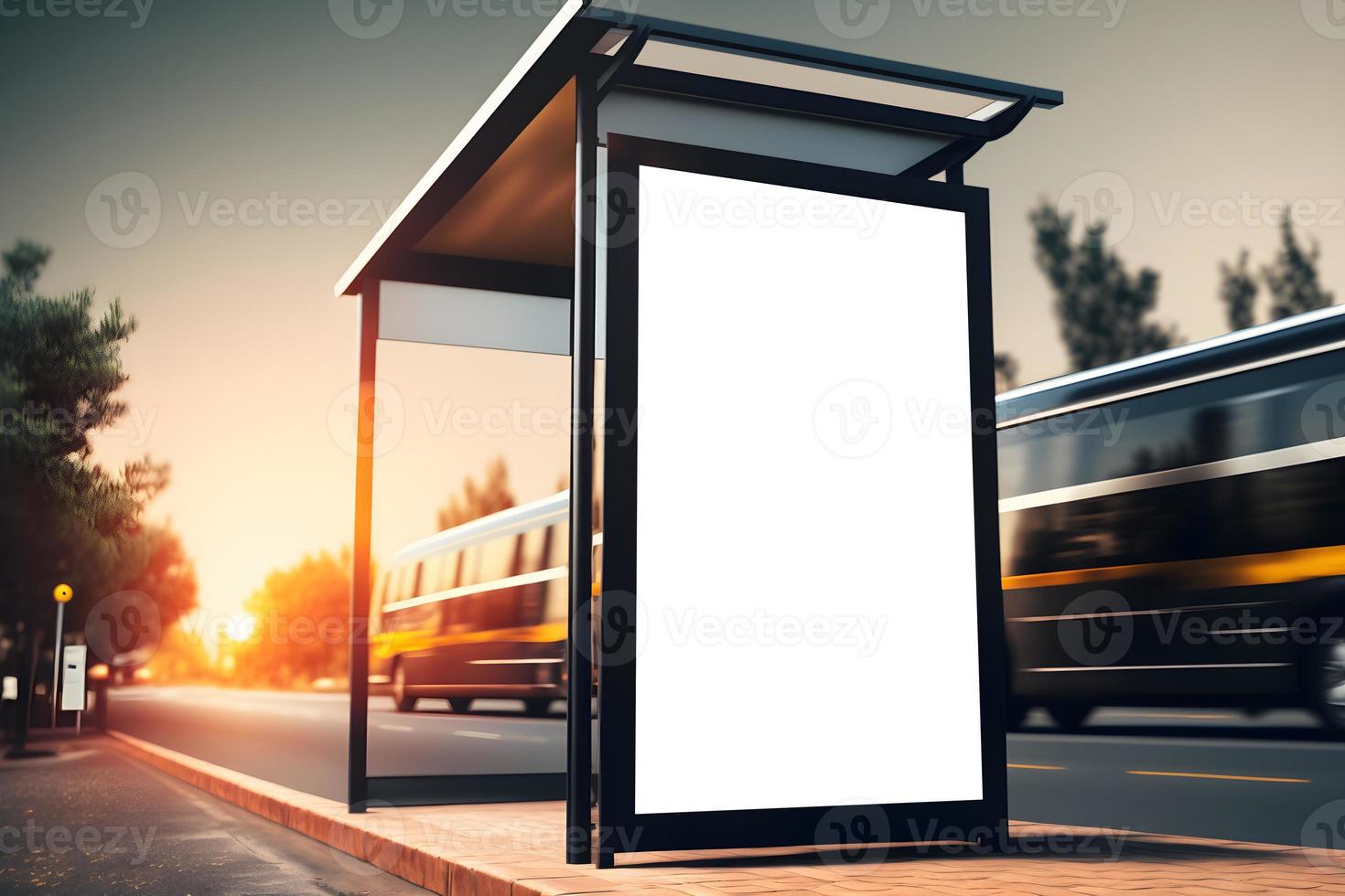 Modern Verticle Empty space Advertisement board, blank white signboard in city, Bus stand empty billboard during sunset, Marketing banner ad space in city, Advertisement billboard on bus stand photo