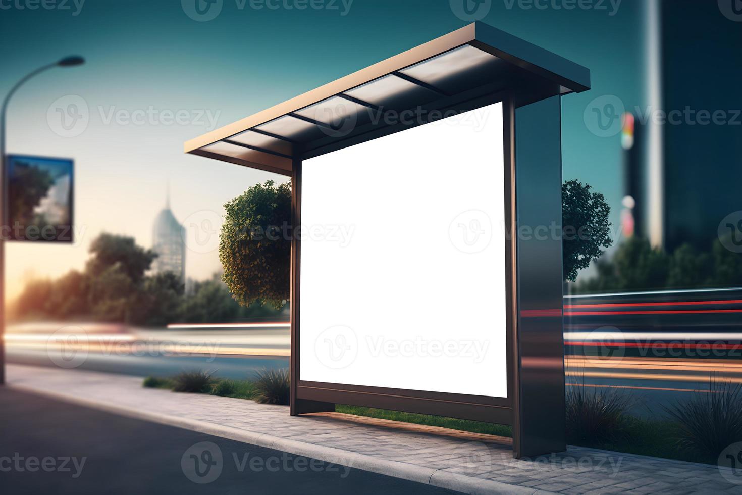 Bus Stop Billboard Mockup with Traffic Light Trails in the background, Roadside Digital Billboard Design, Marketing ad space photo