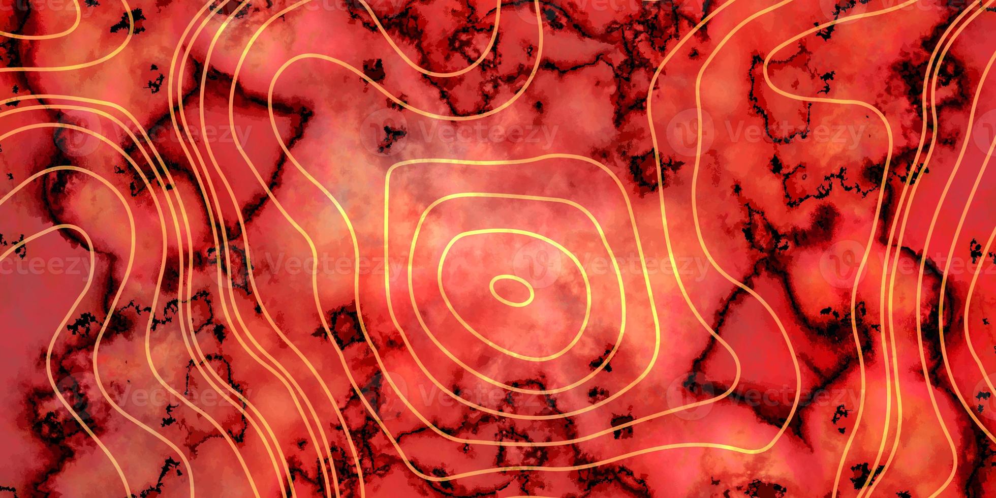 Red and yellow background. Abstract topographic map background with height lines. Topo contour map magic black gold red neon light curved lines. Caustics distortion line art background. photo