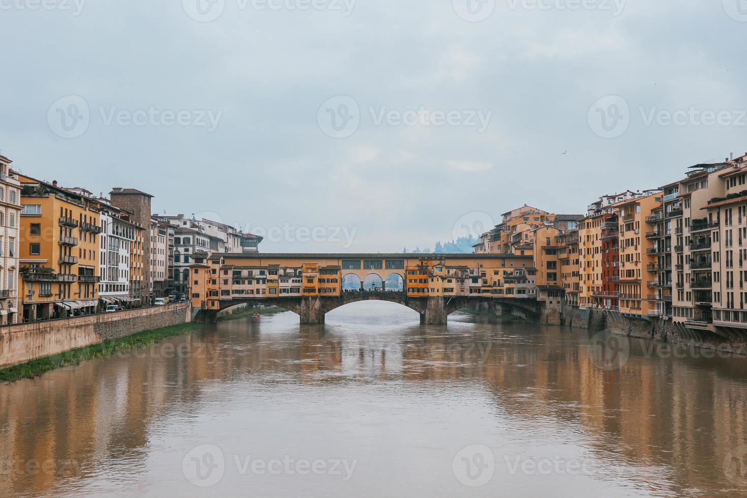 frente simétrico ver antiguo pueblo medieval puente terminado melancólico aguas y vistoso edificios foto