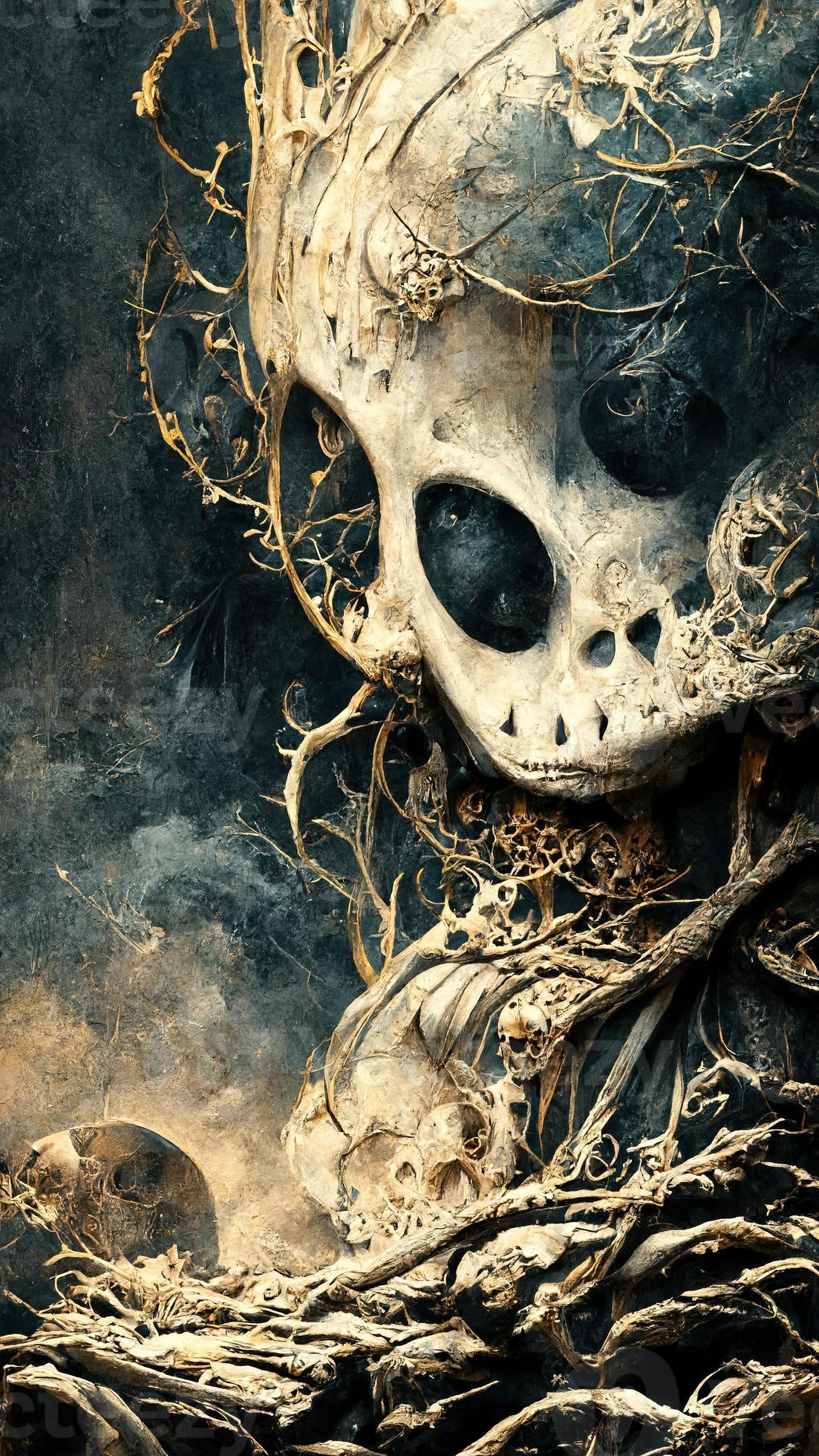 gothic horror dark scene with skull bones and skeleton. Abstract