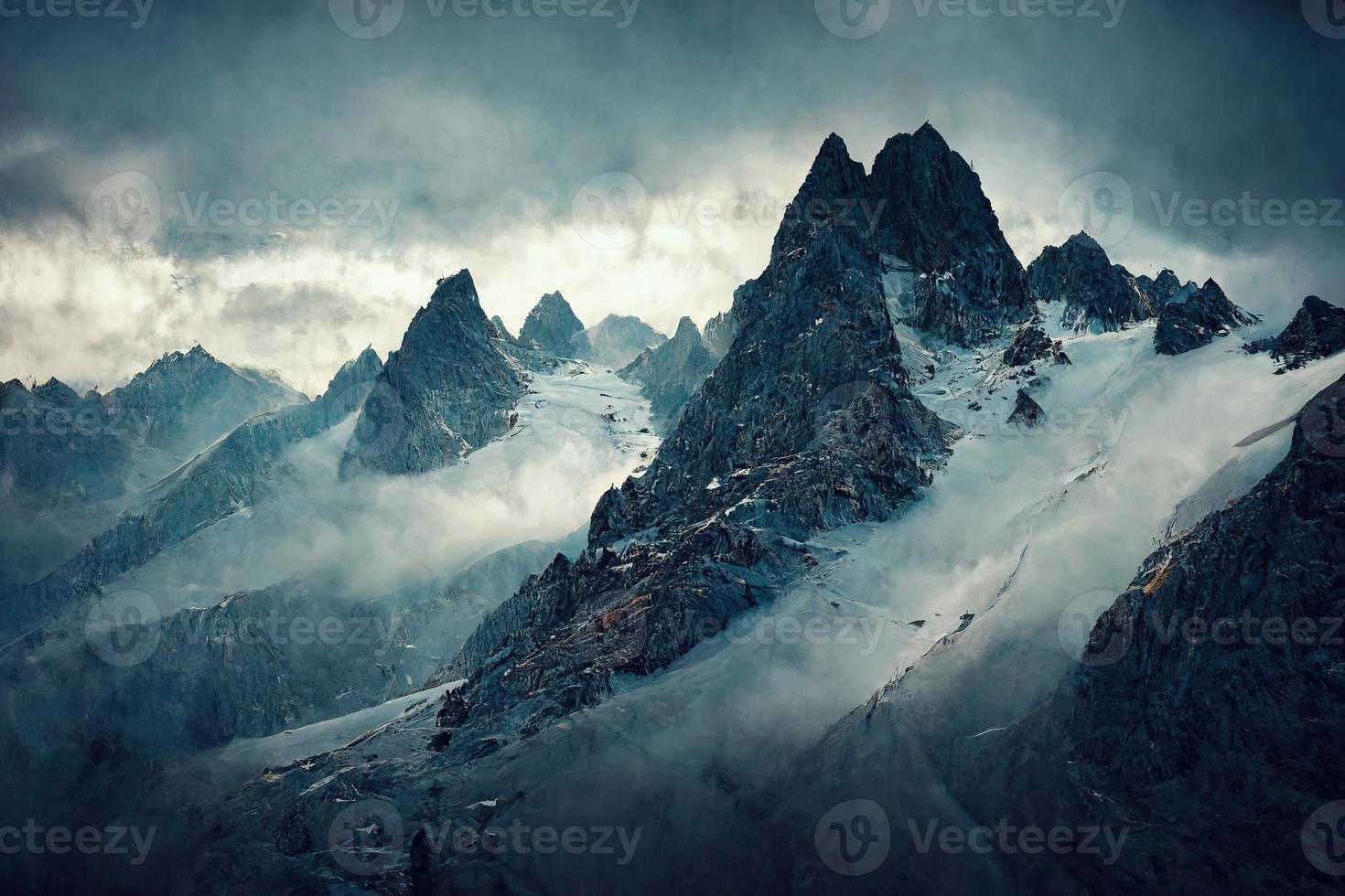 Mountain realistic landscape under cloudy sky illustration photo