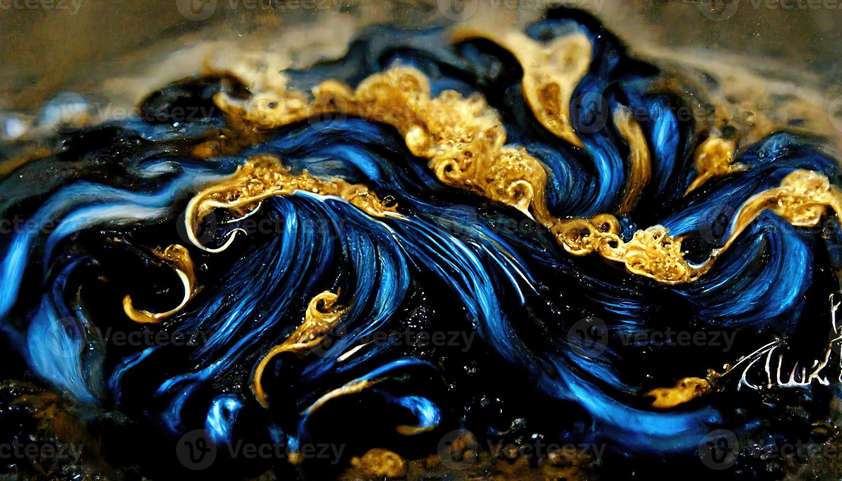 Abstract illustration alcohol ink with gold and blue color on marble photo