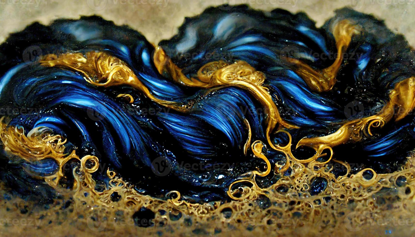 Abstract illustration alcohol ink with gold and blue color on marble photo