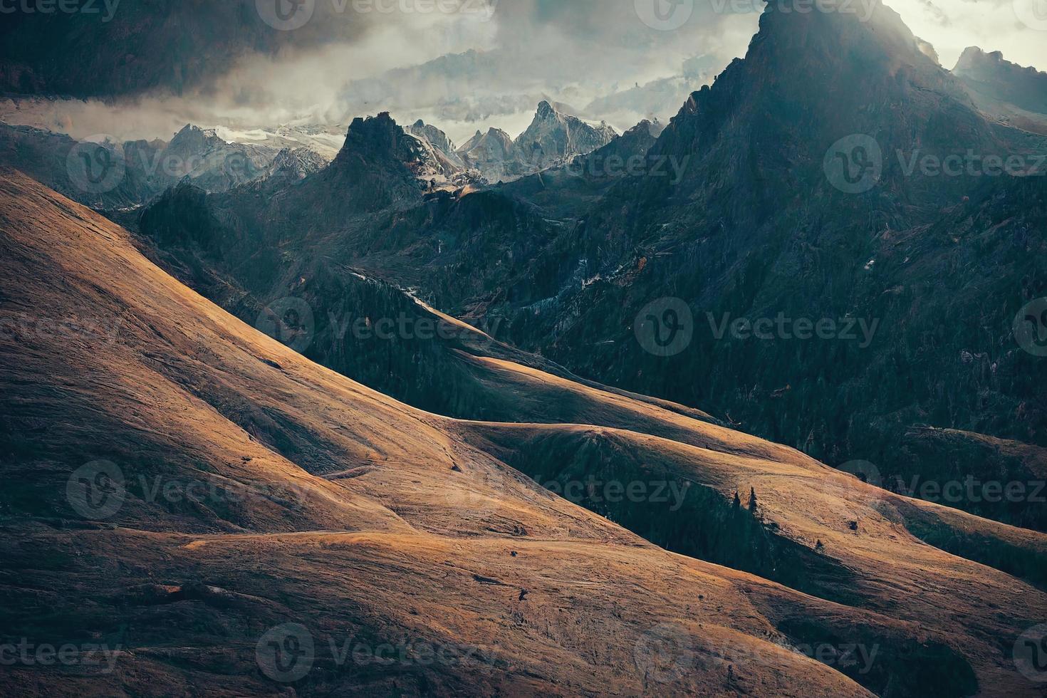 Mountain realistic landscape under cloudy sky illustration photo