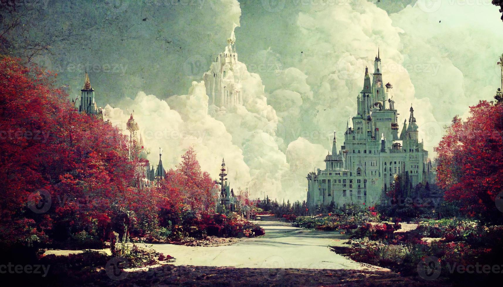 Road to the castle among trees and flowers illustration design photo